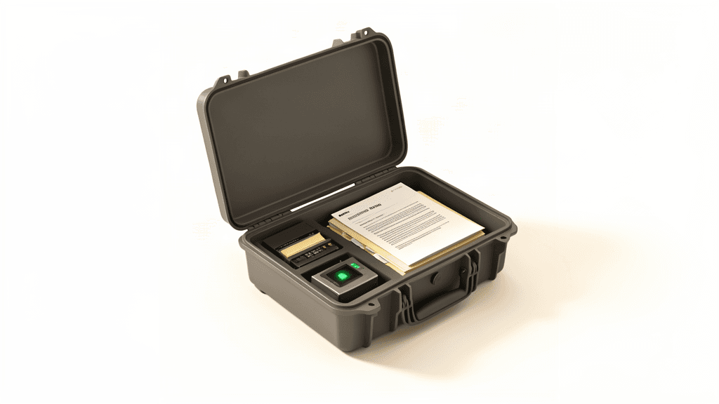 A physical agent work kit with files, tools, and a live status light